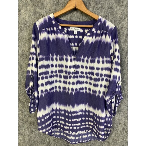 Kim Rogers Tops - Kim Rogers Womens Small Top Purple Tie Dye Roll Tab Sleeves V-Neck Blouse